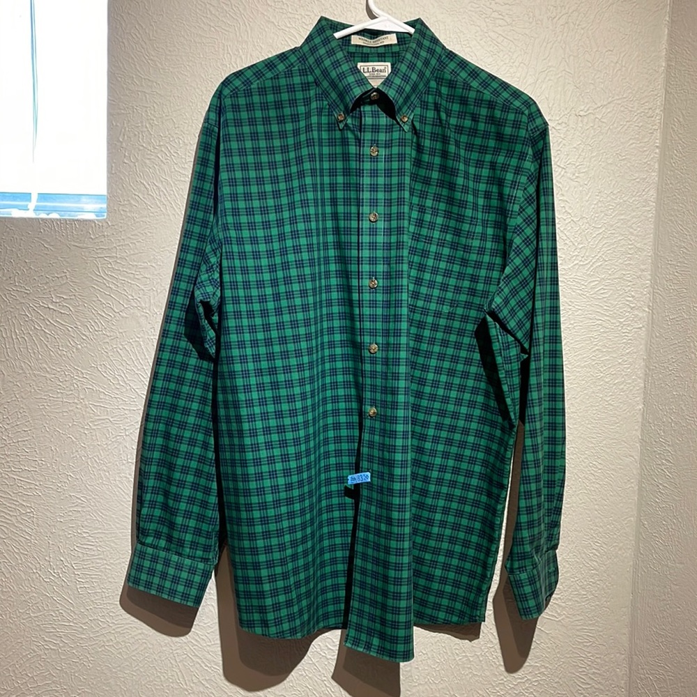 LL Bean long sleeve, navy and green plaid, wrinkle resistant. Size L.